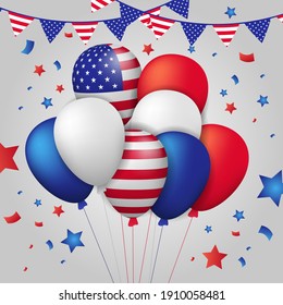 group of 3d colorful flying helium balloon with stripes american flag for 4th july, independence day of usa with confetti and star white background