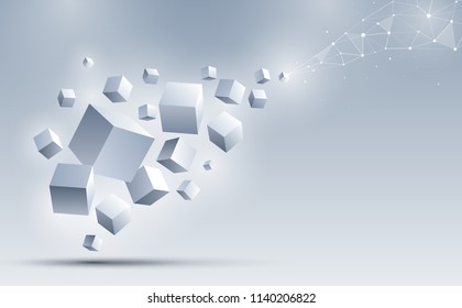 A group of 3d cubes floating to connect with an abstract geometric polygonal. Science and technology background. Big data and Internet connection. Abstract background. Vector illustration.