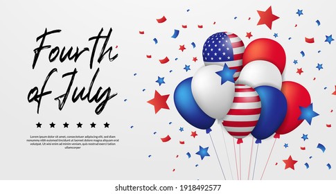 group 3d helium colorful balloon american flag with flying confetti and star for fourth july, 4th, american independence day banner poster template