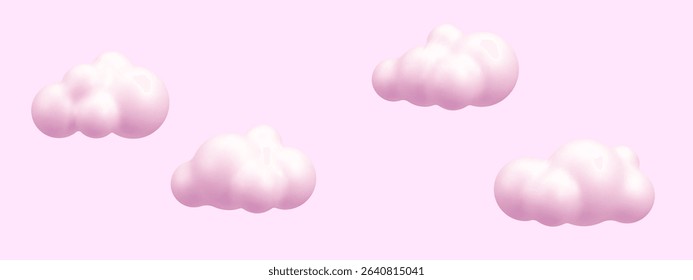Group of 3d light pink puffy cartoon clouds floating isolated on a pale pink background in a playful style. Vector graphics.