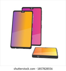 Group of 3d models cell phones. Smartphones in front view. 3d models elements for your design in vector. Creative pictures for your banner, cellular advertising poster