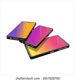 Group of 3d models cell phones. Smartphones in different shapes and forms. 3d models elements for your design in vector. Creative pictures for your banner, cellular advertising poster