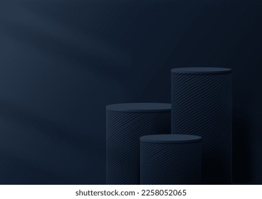 Group of 3D realistic blue podium platform stand decoration with lighting window on dark blue background luxury style. Studio room elegant minimal wall scene. Products display cosmetic advertising