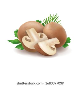 Group of 3d realistic champignons isolated on white background. Mushroom composition with parsley dill for food label design. Vector cremini illustration. Whole and cut portobello side view