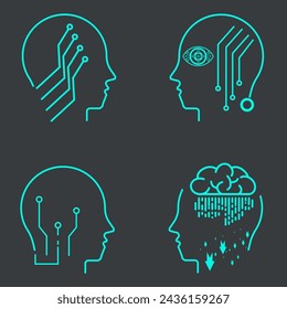 Group of 4 AI icon sets on dark background. Collection of AI symbols, technology vector elements vector illustration