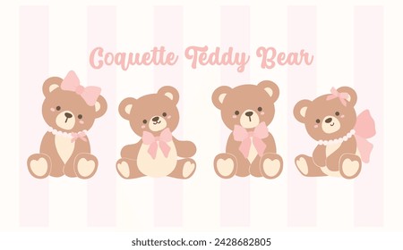 Group of 4 Cute Coquette Teddy Bear Friends. Whimsical Cartoon for Kids and Design.