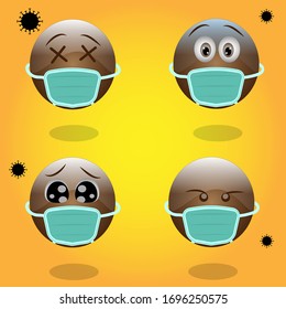 Group of 4 emoticons wearing a medical mask during Coronavirus pandemic. Vector illustration. Angry, afraid, sad, surprised faces.
