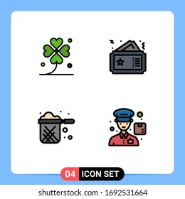 Group of 4 Filledline Flat Colors Signs and Symbols for clover; movie; irish; pass; pan Editable Vector Design Elements