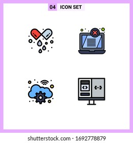 Gruppe von 4 Flachfarben Zeichen und Symbole für die Kapsel; Fanggerät; Medizin; Laptop; Design-Elemente für digitale bearbeitbare Vektorillustrationen