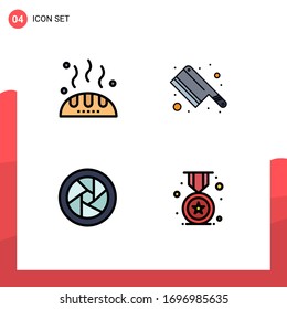 Group of 4 Filledline Flat Colors Signs and Symbols for bread; camera lenses; food; knife; badge Editable Vector Design Elements