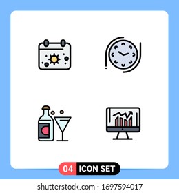 Group of 4 Filledline Flat Colors Signs and Symbols for beach; bottle; sun; watch; business Editable Vector Design Elements