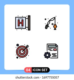 Grupo de 4 signos y símbolos de color plano de línea plana para el centro; flecha; forma; pesca; materiales de diseño de vectores editables de destino