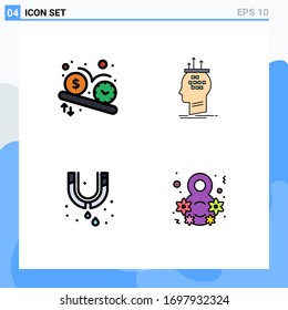 Group of 4 Filledline Flat Colors Signs and Symbols for deadline; thinking; time; brain; mechanical Editable Vector Design Elements