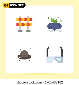 Group of 4 Flat Icons Signs and Symbols for barricade; hat; beet with leaves; healthy diet; entertainment Editable Vector Design Elements
