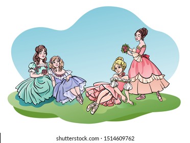 Group of 4 little beautiful ballerina dancer girls sit on the grass and stay near, holding bouquets. Fantasy princess dresses and pointe shoes. Classic ballet costume design. Vector illustration.