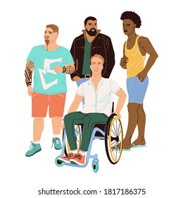 A group of 4 men drawn in a cartoon style. Men of different nationalities, skin color, hairstyles, appearance and complexion. A man in a wheelchair. Fashion illustration of different men in flat style