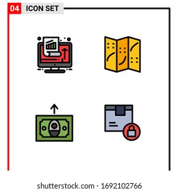 Group of 4 Modern Filled line Flat Colors Set for chart; finance; performance; navigation; box Editable Vector Design Elements