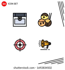 Group of 4 Modern Filledline Flat Colors Set for chest; speaker; food; shooting; voice Editable Vector Design Elements