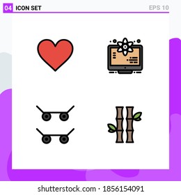 Group of 4 Modern Filledline Flat Colors Set for heart; skateboard; favorite; monitor; bamboo Editable Vector Design Elements