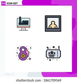 Group of 4 Modern Filledline Flat Colors Set for computer; ticket; factory; eight march; night Editable Vector Design Elements