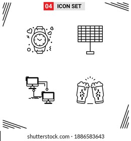 Group of 4 Modern Filledline Flat Colors Set for heart; lan; time; eco; sync Editable Vector Design Elements