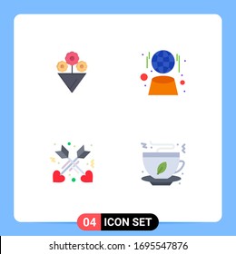 Group of 4 Modern Flat Icons Set for flower; tea; globe; affection; fast food Editable Vector Design Elements