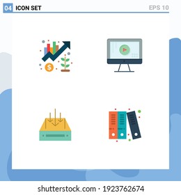 Gruppe von 4 modernen flachen Symbolen Set für Diagramm; Posteingang; Vermarktung; überwachen; Feld Bearbeitbare Vectordesign-Elemente