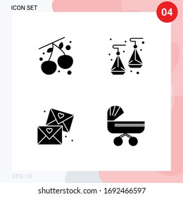 Group of 4 Modern Solid Glyphs Set for berry; wedding; earrings; email; baby Editable Vector Design Elements