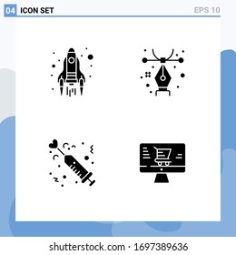 Group of 4 Modern Solid Glyphs Set for rocket; injection; launch; pen; medicine Editable Vector Design Elements