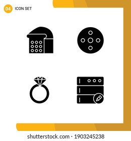 Group of 4 Modern Solid Glyphs Set for bread; ring; camera reel; storage; edit Editable Vector Design Elements