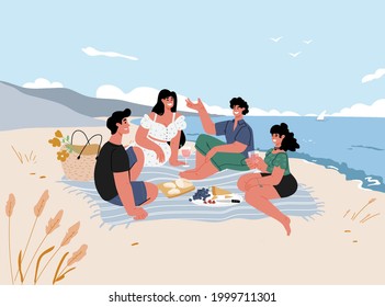 Group of 4 people sitting on the beach, drinking,eating,relaxing and talking.Friends make a sea shore picnic at summer,holiday outdoor. Background with marine landscape.Vector flat illustration.