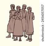 Group 4 rich holy middl east asian teen kid guy prayer stand asia robe tunic dress jew king cloth servant. Line hand drawn retro past persia syria age hebrew judaic arabian sumer pray story art style