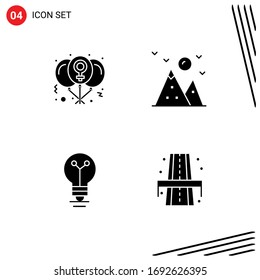 Group of 4 Solid Glyphs Signs and Symbols for balloon; bulb; love; hill; light Editable Vector Design Elements