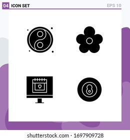 Group of 4 Solid Glyphs Signs and Symbols for yin yang; lover; flower; present; ball Editable Vector Design Elements