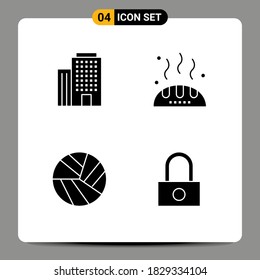 Gruppe von 4 festen Glyphen, Zeichen und Symbole für Gebäude; Volley, Brot; Lebensmittel; passwortbearbeitete Vectordesign-Elemente