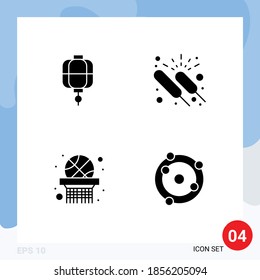 Group of 4 Solid Glyphs Signs and Symbols for lantern; basket ball; decoration; fireworks; basket net Editable Vector Design Elements
