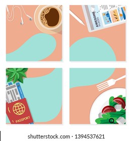 group of 4 square design- passport on table, Greek salad with feta cheese, tablet with smart pen , a cup of coffee with small headphone set