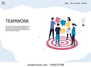 A group of 4 young people holds puzzle blocks in their hands. The concept of teamwork, solving problems, achieving goals in business, startup, success. Flat vector illustration on white background.