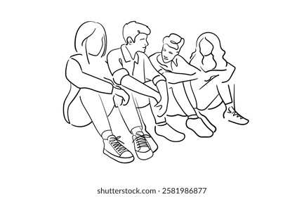 Group of 4 young people are sitting on the ground together and talking. Minimalistic black and white sketch. Vector illustration isolated on white background