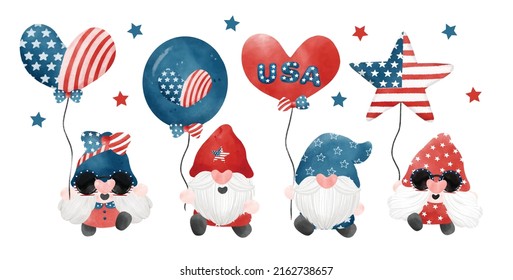 grupo del 4 de julio Gnome Patriótico sostiene globos festivos Caricatura del Día de la Independencia de Estados Unidos ilustrador de acuarela vector