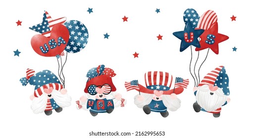 group of 4th of July Gnome Patriotic with balloons celebrating America Independence day cartoon watercolor illustration vector