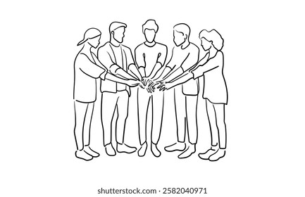 Group of 5 people joining hands together. Minimalistic black and white sketch. Vector illustration isolated on white background