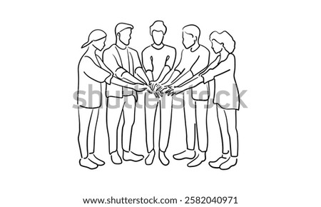 Group of 5 people joining hands together. Minimalistic black and white sketch. Vector illustration isolated on white background