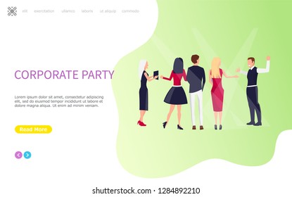 Group of 5 working people celebrating corporate party. Women in official dress and skirt and men in trousers smiling. Cheerful people conversation vector