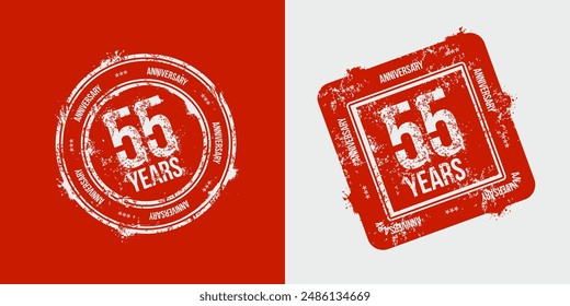 Group of 55th anniversary logos drawn as stamps, red frames for celebration. Grunge rubber stamp texture. Holiday stamps. Postage stamp collection. Vector round and rectangular stamps