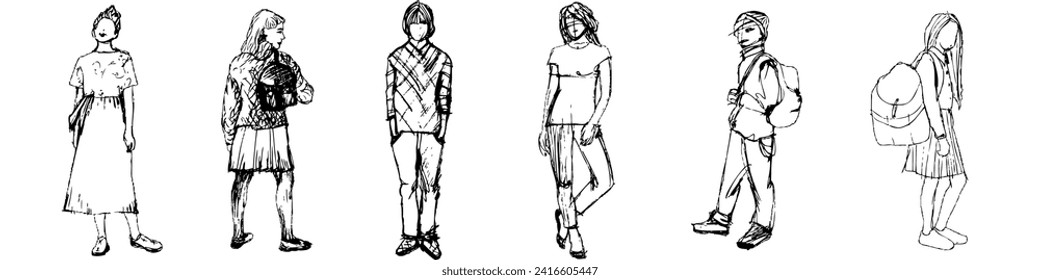 Grupo de 6 jóvenes diferentes, boceto de lápiz. La mano dibujó figuras humanas. Ilustración vectorial plana aislada en fondo blanco.