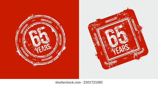 Grupo de logotipos del 65 aniversario dibujados como sellos, marcos rojos para la celebración. Textura de sello de goma Grunge. Sellos de Festiva. Colección de sellos postales. Sellos redondos y rectangulares de Vector