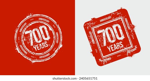 A group of 700th anniversary logos drawn as stamps and enclosed in a red frame for celebration. Grunge stamp texture. Holiday stamps. Collection of postage stamps. Vector round and rectangular stamps