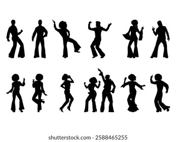 Group of 70s Disco Dancing Silhouette isolated white background. Vector Illustration