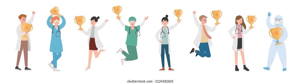 Group of 8 paramedics man or woman doctor or experimenter, medical worker with trophy and champion, cartoon vector